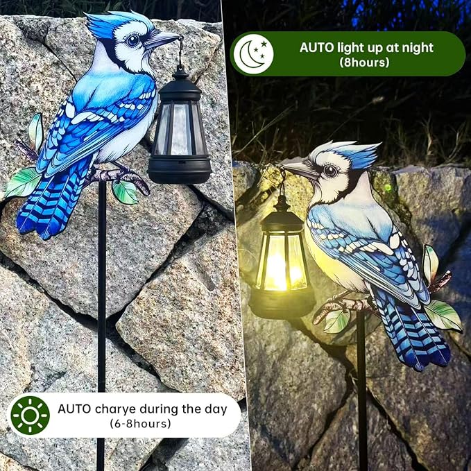 2 Pack Solar Lanterns Outdoor Decor Solar Bule Jay Lanterns Solar Cardinal Redbird Lights Metal Stake Yard Garden Decor Art Figurine Waterproof LED Lights Gifts for Mom Grandma Women(Blue Jay)
