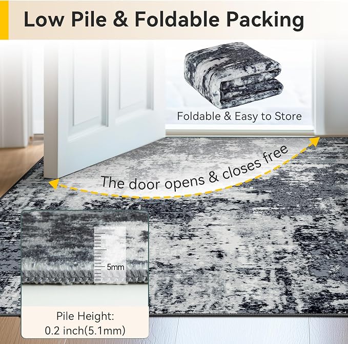 RELEANY Washable Runner 2'x6' Abstract Area Rug for Hallway Black White | Carpet for Kitchen, Entryway, Bathroom, Living Room, Bedroom, Printed Pattern, Non‑Slip, Soft, Stain‑Resistant, Easy to Clean