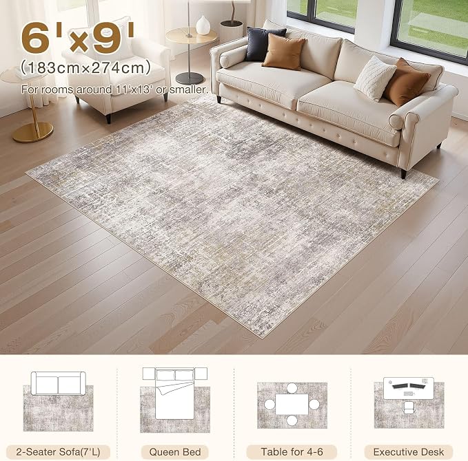 kakania Abstract 6x9 Area Rugs for Living Room: Washable Rugs Brown Gold | Soft, Non-Slip, Low-Pile, Pet & Kid Friendly - Modern Home Decor Carpet for Bedroom/Dining Room/Office/Nursery
