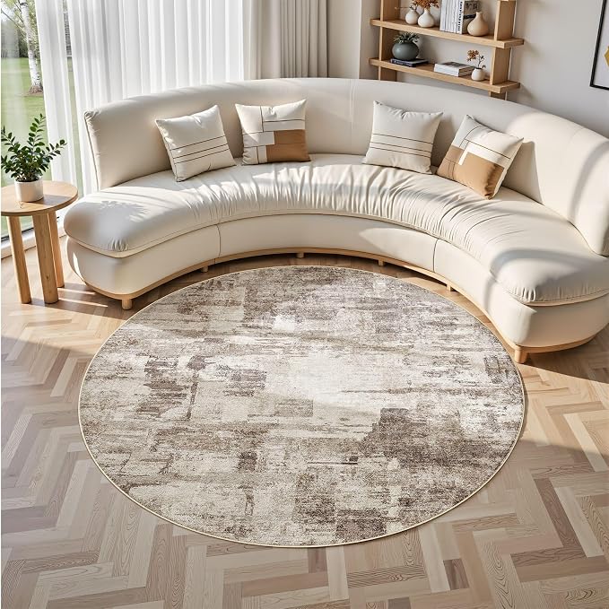 kakania Abstract 6x6 Round Rugs for Living Room: Circle Rugs 6FT Brown | Washable, Soft, Non-Slip, Low-Pile, Pet & Kid Friendly - Modern Home Decor Carpet for Bedroom/Dining Room/Nursery