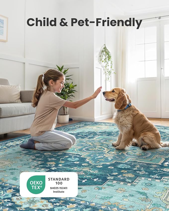 AMADA HOMEFURNISHING 2x3 Washable Entry Rug, Vintage Distress Print Pattern Carpet Small Rugs for Entryway Kitchen Bathroom Door Mat Indoor Entrance, Teal Blue