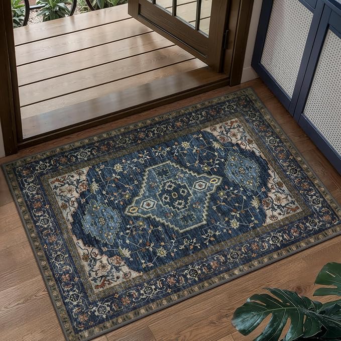 Tangsoo Vintage 2x3 Washable Rugs for Entryway, Non Slip Small Area Rug | Dark Blue Oriental Indoor Front Door Rug, Boho Print Door Mat Soft Low Pile Throw Rugs for Entrance Entry Kitchen Bedroom