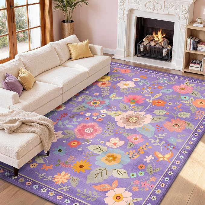 RELEANY Floral Washable 8x10 Area Rugs Purple/Pink | Flower Carpet, Print, Boho, Non-Slip, Easy to Clean, Soft, Low Pile for Living Room Bedroom Kitchen Office Entryway Hallway