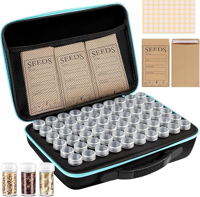 60 Slots Seed Storage Organizer with 20 Seed Envelopes, Sturdy Seed Organizer Storage Box with Zipper Bag Label Stickers(Seeds not Included), Seed Storage Container for Flower Plants Garden