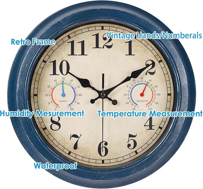 12 Inch Outdoor Clock with Thermometer and Hygrometer Combo, Waterproof Indoor Outdoor Wall Clocks for Patio, Pool, Garden, Bathroom Decor- Blue