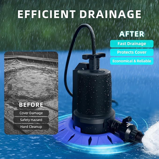Automatic Pool Cover Pump, 1/4 HP, 1800 GPH, Check Valve, 25 FT Cord | 115V Nylon Pump Starts At 2 In And Stops At 3/8 In, Adapter Fits 3/4 In Garden Hose And 1-1/4 In Drain Hose, A Rope Included