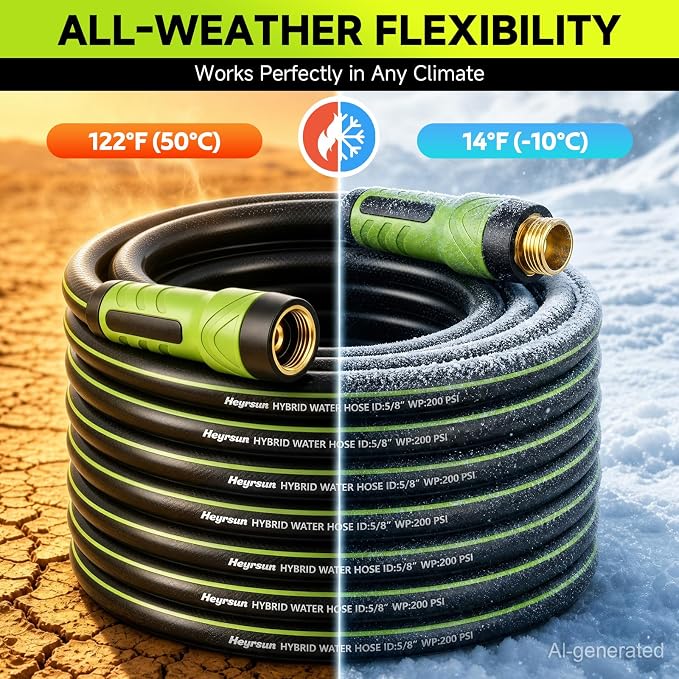 Garden Hose 100ft x 5/8", NON-EXPANDABLE Water Hose Heavy Duty, Flexible, Lightweight, Kink Resistant & Outside Hybrid Hose, Male to Female Fittings
