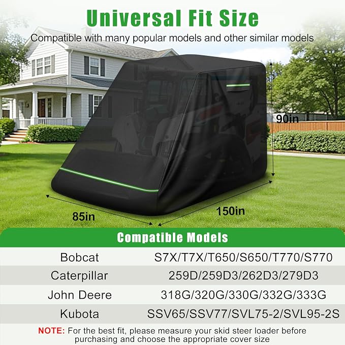 Skid Steer Loader Cover Heavy Duty Waterproof Outdoor, 150''x85''x90'' | Fits Bobcat T7X/T770, Caterpillar 262D3, Kubota SSV77, 420D with Cotton Lining Windproof Skid Steer Cover, Reflective Strip