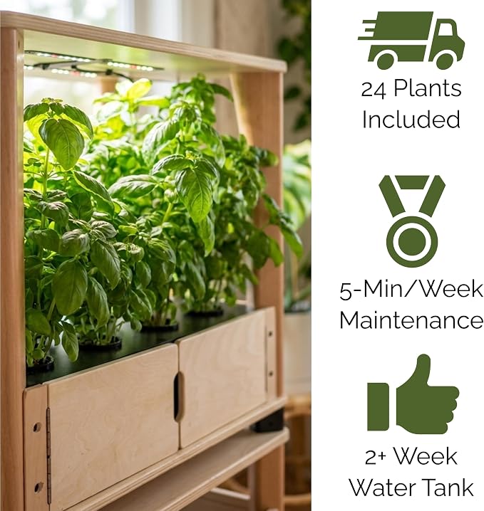 Hydroponics Growing System – Wooden Indoor Herb Garden Kit with LED Grow Light, 24 Starter Plants Included, Scalable to 96 Plants, No Subscriptions, Just Add Water