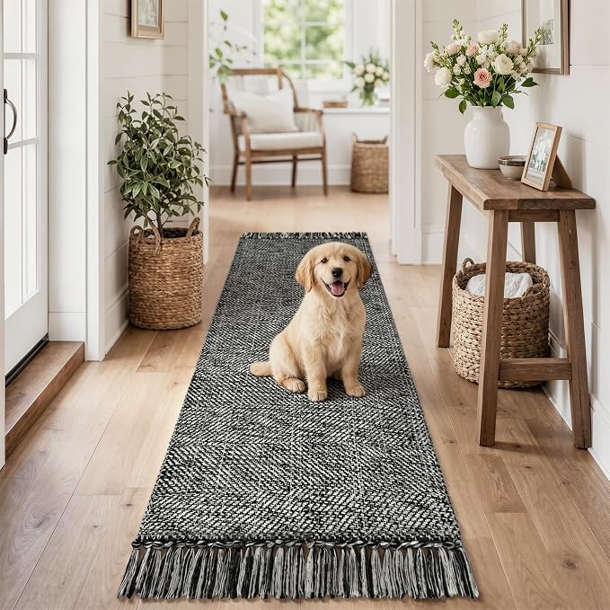 2' x 6' Kitchen Runner Rug, Modern Farmhouse Washable Bathroom Mat | Boho Hand-Woven Hallway Runner Rugs, Black Reversible Bedroom Carpet for Laundry Entryway Home Decor