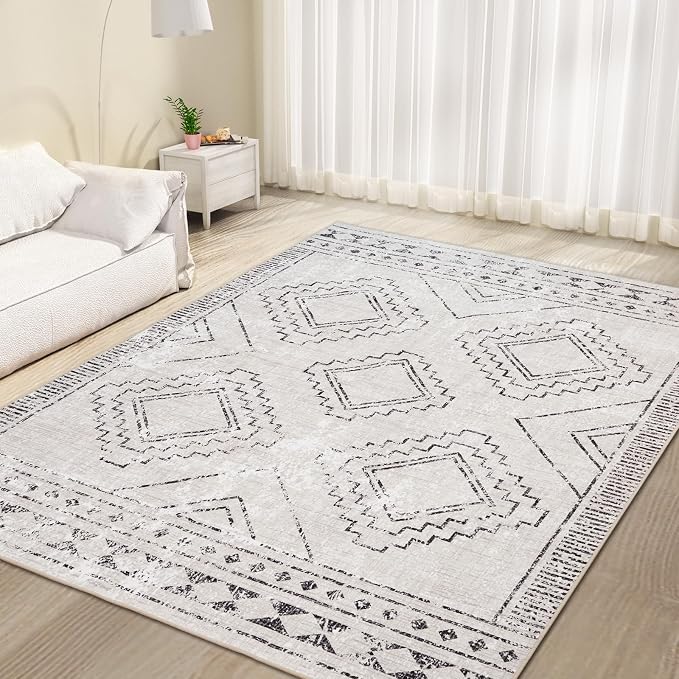 ILANGO Moroccan Area Rugs 3'x5' for Living Room Machine Washable Boho Area Rugs Dedroom with Rubber Backing Non Slip Carpet for Farmhouse Dining Room, Ultra-Thin, Foldable, Easy Clean