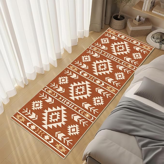 Western Runner Rug 2x6 for Hallway Kitchen Bedroom, Southwestern Aztec Tribal Runner Rugs Southwest Navajo Machine Washable Rug Non-Slip Printed Low-Pile Floor Carpet Mat for Living Room, Yellow Brown