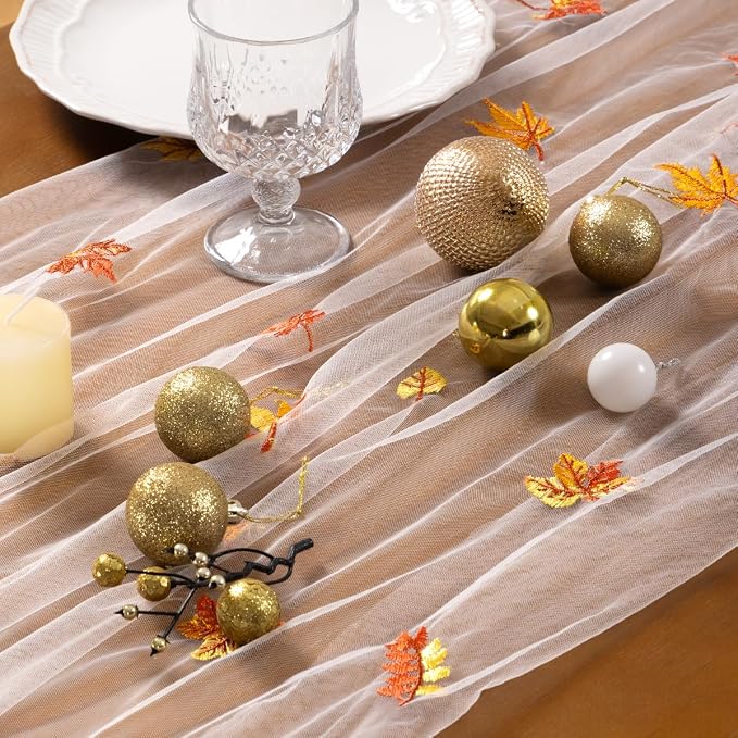 Socomi Falll Thanksgiving Table Runner Maple Leaf Tulle Gauze Cheesecloth Embroidery Sheer Table Runners for Wedding Party Baby Shower Birthday Holiday Picnic Home Decor