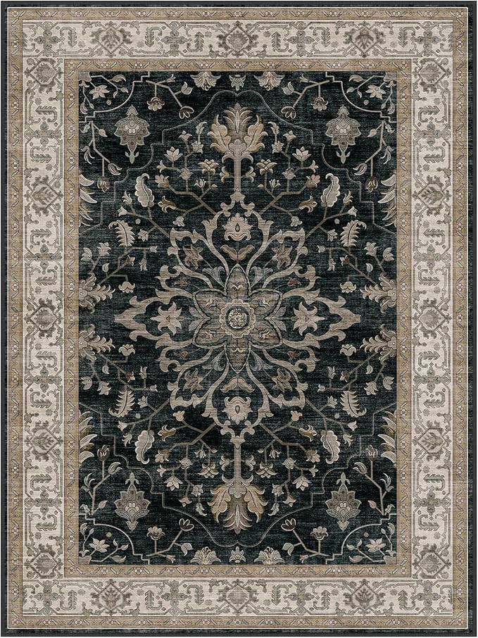 RELEANY Washable Area Rug, Square 4'x4', Black/Vintage/Beige | Non-Slip, Water Repellent, Pet Friendly, Easy to Clean, Vintage Floral Boho Decor for Living Room Bedroom Entry Office