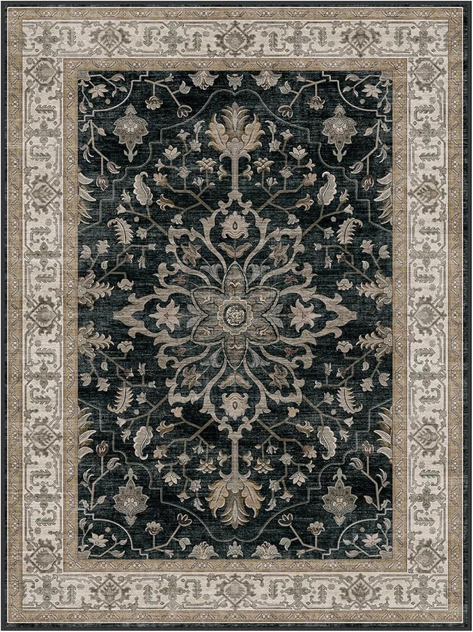 RELEANY Washable Area Rug, 4'x5', Black/Vintage/Beige | Non-Slip, Water Repellent, Pet Friendly, Easy to Clean, Vintage Floral Boho Decor for Living Room Bedroom Kitchen Office
