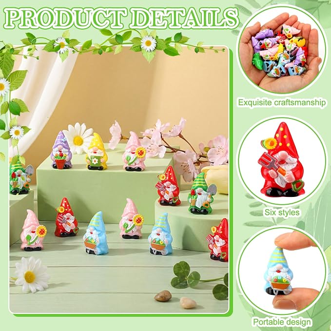 Yaomiao 60 Pcs Mini Gnomes Figurines Flower Resin Gnomes Figurines Decorations Sunflower Tulips Flowers Pots Mini Resin Gnome for Summer Table Landscape Fairy Garden Accessories Tiered Tray Decor