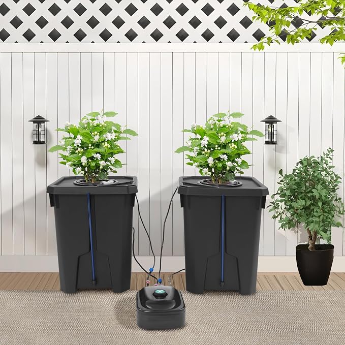 Hydroponics Growing Buckets, 2PCS Deep Water Culture Bucket System 7 Gallon Recirculating Drip Garden System with Air Pump & Clay Pebbles for Greenhouse, Garden, Balcony (2 PCS)