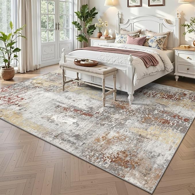 Toneed Washable 6x9 Area Rug with Non-Slip Backing for Living Room | Abstract Modern Rugs, Soft Low Pile Carpet for Bedroom Kitchen Dining Room Nursery Indoor Floor Home Decor, Taupe Grey Brown