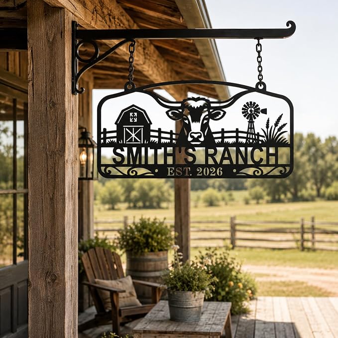 Personalized Ranch Metal Sign, Custom Farm Name Sign with Cattle Design, Rustic Farmhouse Wall Decor for Barn, Porch, Entryway, Ranch Gate, Housewarming Gift