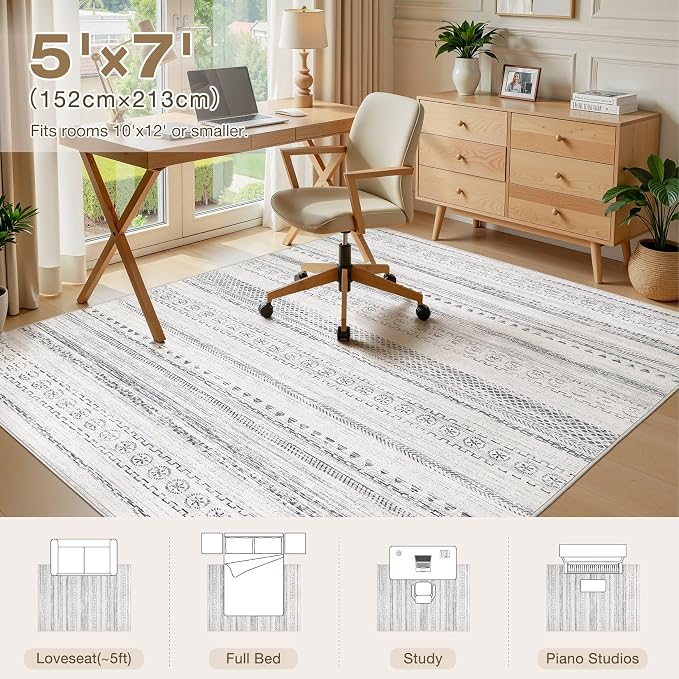 kakania Washable 5x7 Area Rug for Living Room: Boho Geometry Home Decor | Soft Stain Resistant, Low-Pile, Non-Slip, Pet & Kid Friendly, Thin Rug for Bedroom/Dining Room/Kids Dorm - Grey