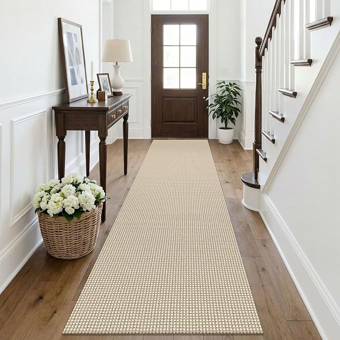 KOZYFLY Cotton Runners Rugs for Hallway 2.5'x10', Washable Runner Rug, Woven Non Slip Kitchen Runner, Braided Entryway Rug, Floor Carpet for Entry, Aisle, Hall, Ivory/Camel/Brown