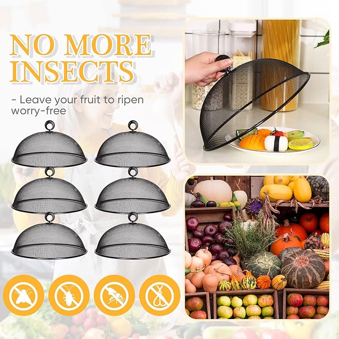 Gerrii 6 Pcs Metal Mesh Food Cover Outdoor Mesh Food Tents Dome Screen Plate Covers for Dinner Plates Reusable Fruit Fly Nets Picnic Umbrella for Table, BBQ, Camping, Party(Black,11 Inch)