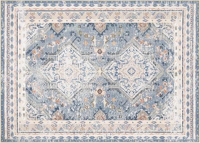 Phantoscope Washable Area Rug 5'x7' Non-Slip, Vintage Neutral Rugs for Living Room, Bedroom, Dining Room, Distressed Boho Geometric Medallion Pattern, Low-Pile Foldable Floor Carpet, Dusty Blue/Multi