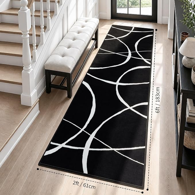 2x6 Washable Modern Black White Kitchen Runner Rug | Ultra-Thin Low Pile, Non-Slip TPE Backing, Soft Stain Resistant, Machine Washable, for Bedroom Livingroom High Traffic