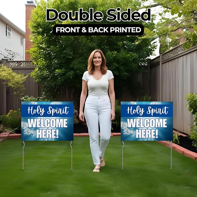 Holy Spirit Welcome Here! Yard Sign by DC | 24"x18" Double Sided Church Garden Sign with 13” Metal Stakes | Outdoor Signs Waterproof for Lawn, Patio, Sidewalk & House | Set of 5 | Made in USA