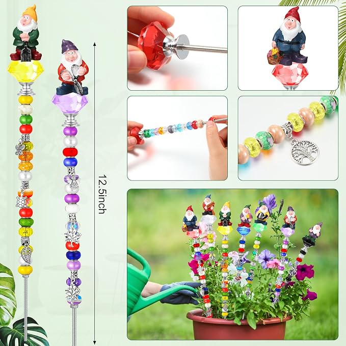 Lineshading 160 Pcs Fairy Wand Gnome Garden Stakes DIY Beaded Stake Garden Decor Includes 7 Crystal Stopper Top 7 Gnome 112 Large Hole Beads 20 Silver Pendants 7 Threaded Rods 7 Pcs Nuts,for Craft
