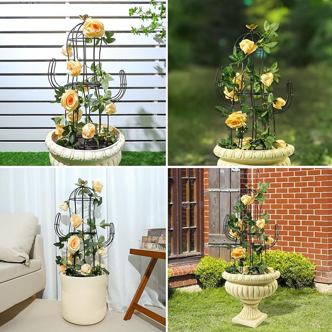 Cactus Obelisk Trellis - 8”x28” Unique Metal Design for Climbing Plants, Garden Decorative Support Structure for Potted Tall Vines and Rose Bushes