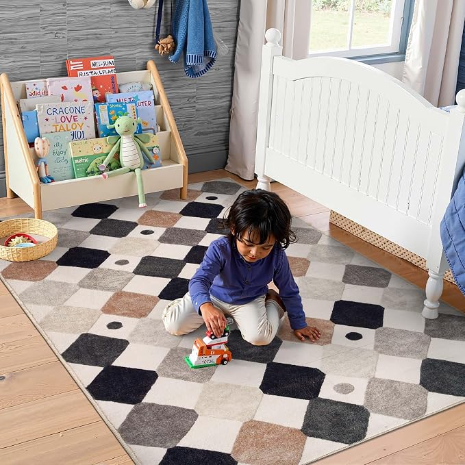 jinchan 4x6 Checkered Area Rug Washable Classroom Kids Rug Marble | Soft, Non-Slip, Kid-Friendly, Preschool Rug, Diamond Design, Play Mat, Black White on Cream, Playroom, Nursery, Bedroom, Dorm