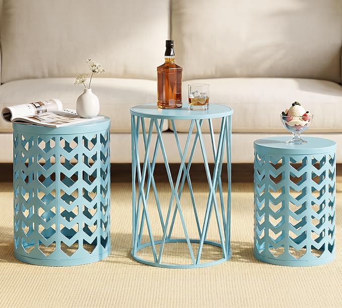 Y&M Set of 3 Stacking Coffee Table for Living Room, Patio Side Table,Indoor End Tables for Bedroom, Outdoor Decorative Garden Stool with Heavy Duty Metal Frame Modern Industrial Decor - Light Blue
