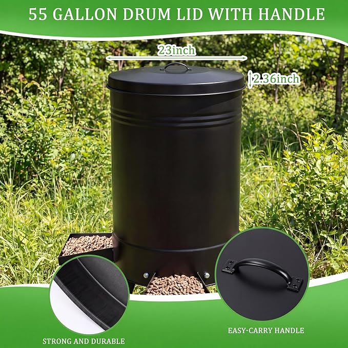 1 Pack Black 55 Gallon Drum Lid with Handle Feeder Part Steel 3 Deep Heavyweight 9 lb Heavy Duty Waterproof Dustproof for Deer Turkey Feeder Fit Most 55 Gallon Rain Barrel