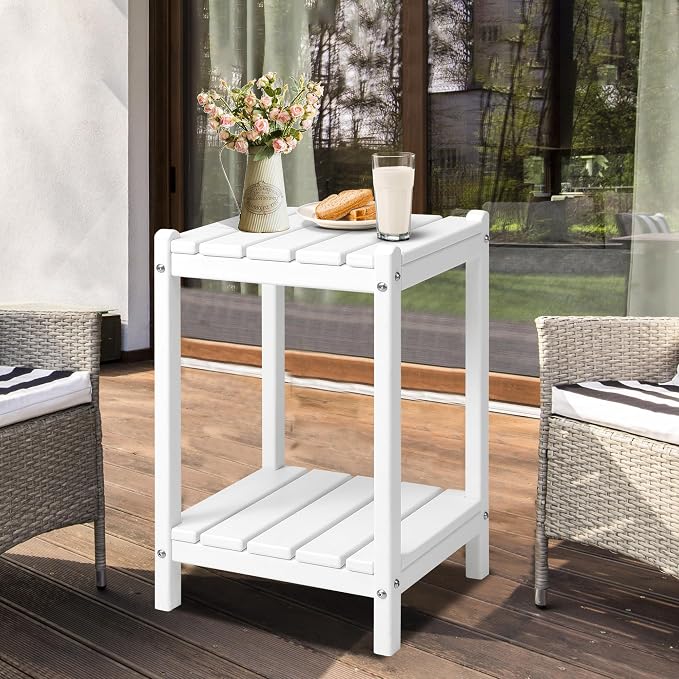 LZRS 24" Double Adirondack Outdoor Side Table, Pool Composite Patio Table,HDPE End Tables for Backyard,Pool, Indoor Companion, Easy Maintenance & Weather Resistant(White)