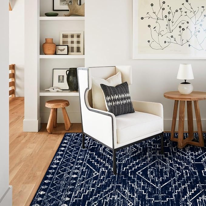 Wonnitar Moroccan 8x10 Rug Living Room Area Rugs, Washable Blue Bedroom Rug, Non-Slip Large Soft Non-Shedding Ultra-Thin Farmhouse Boho Throw Carpet for Dining Table Office Mudroom (Blue,8'x10')