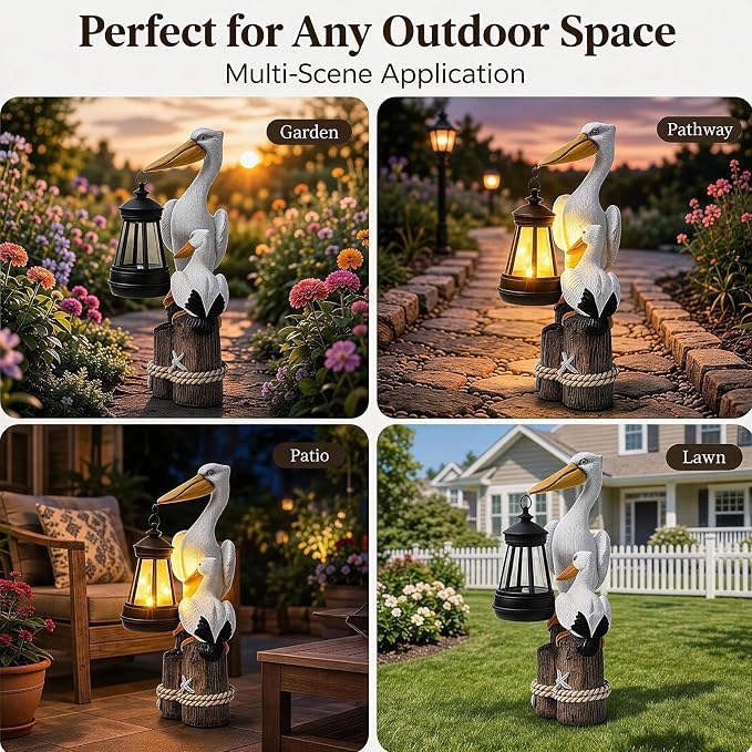 Solar Pelican Garden Statue with LED Lantern, 11.4 Inch Hand-Painted Resin Outdoor Figurine Light for Patio Lawn Yard, Coastal Bird Gift for Women Mom Grandma