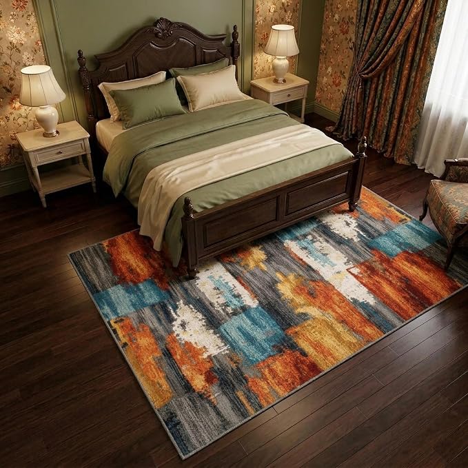 5x7 Burnt Orange and Teal Abstract Brushstroke Area Rug | Soft Low-Pile Machine-Washable Rug with Non-Slip Backing for Dining Rooms, Entryways and Reading Areas for Easy Everyday Care