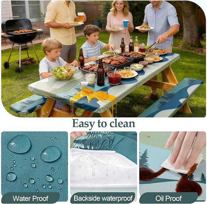Picnic Table Cover with Bench Covers Camping Essentials Waterproof Windproof Camping Tablecloth with Drawstring Bag, Fitted Rectangle Tables and Seats, 72in, Green Blue
