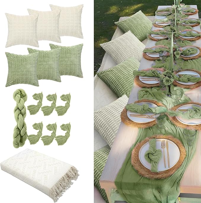Beeveer 14 Pack Picnic Kit 91x71 Inch Extra Large Outdoor Boho Picnic Blanket with Sage Green Table Runner, 6 Throw Pillow Covers 6 Napkin Woven Cotton Yarn Washable Beach Blanket for Camp Wedding