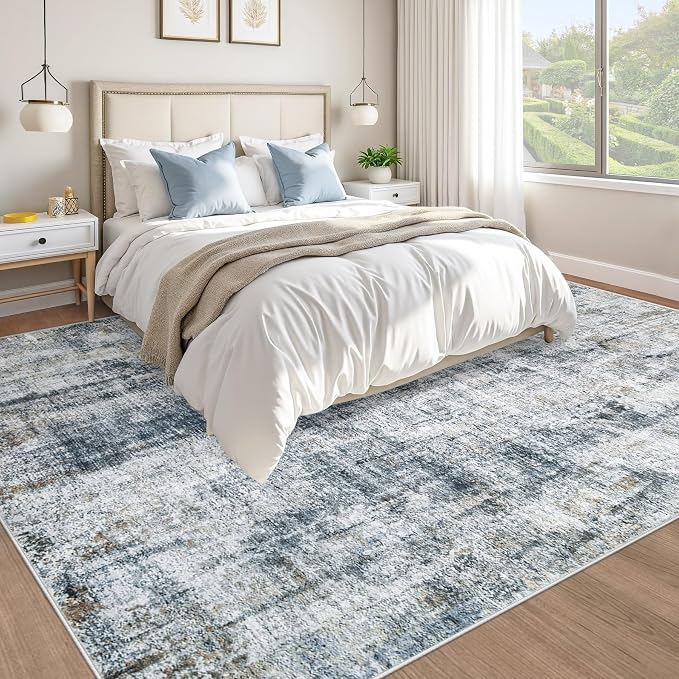 9x12 Area Rugs Washable Rug: Abstract Neutral Rugs Modern Non Slip Area Rug Stain Resistant Low Pile Indoor Carpet for Dining Room Bedroom Nursery Office (Multi Blue, 9'x12')