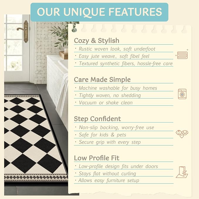 Black and White Diamond Outdoor Easy Jute Front Porch Rug 3x5, Washable Non-Slip Checkered Entryway Rug, Modern Farmhouse Boho Low Pile Indoor Beige White Carpet for Living, Kitchen, Mudroom, Laundry