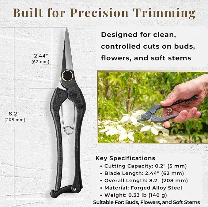 Wablade Japanese Pruning Shears Double-Edge, 8.2-Inch Precision Pruning Scissors for Buds, Flowers & Soft Stems, Cuts Up to 0.2" (5 mm), Forged Alloy Steel Blade, Made in Japan
