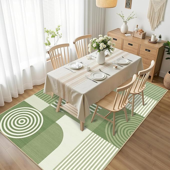 Green Geometric Area Rug 4x6 for Living Room Rug Machine Washable Minimalist Line Mid Century Modern Rugs Non Slip Low Pile Indoor Floor Carpet for Bedroom Dining Room Laundry Office,Green