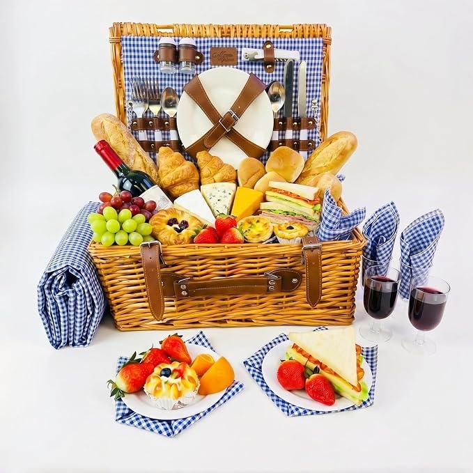 Multifunctional Wicker Picnic Basket Set for 4 Blanket Family Folding Wine Table,Insulated Portable Extra Big Storage Capacity Woven Rattan Canasta De Full Tablewares Camping Outdoor Flowers Blue
