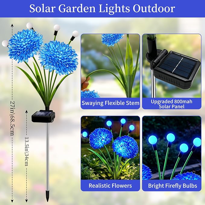VOOKRY Solar Flowers Outdoor Waterproof, 4 Pack Blue Garden Lights with Swaying Firefly Lights, Flower Light Garden Decor for Yard Patio Pathway Lawn Grave, Gardening Gifts for Women Mother's Day