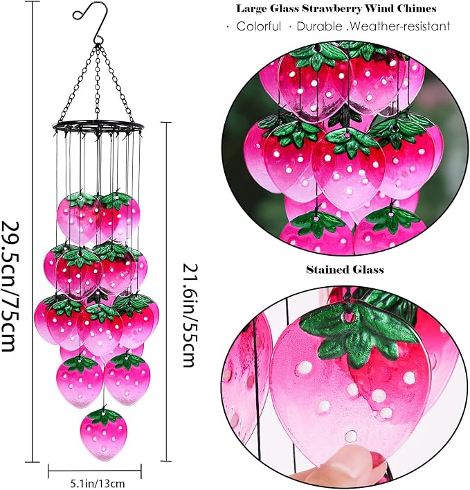 Glass Strawberry Wind Chimes - Hand-Painted Glass Strawberry Suncatcher for Window,Outdoor Garden Decor,Colorful Strawberry Ornaments Hanging Wall Art for Patio,Unique Memorial Gifts for Women & Mom