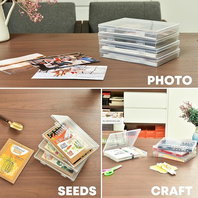 ALINK Photo Storage Box 5" x 7" with Handle, 18 Pcs Clear Photo Containers Organizer and Craft Keeper, Portable Picture Case with Label for Arts, Crafts, Sewing, Stickers, Office Supplies
