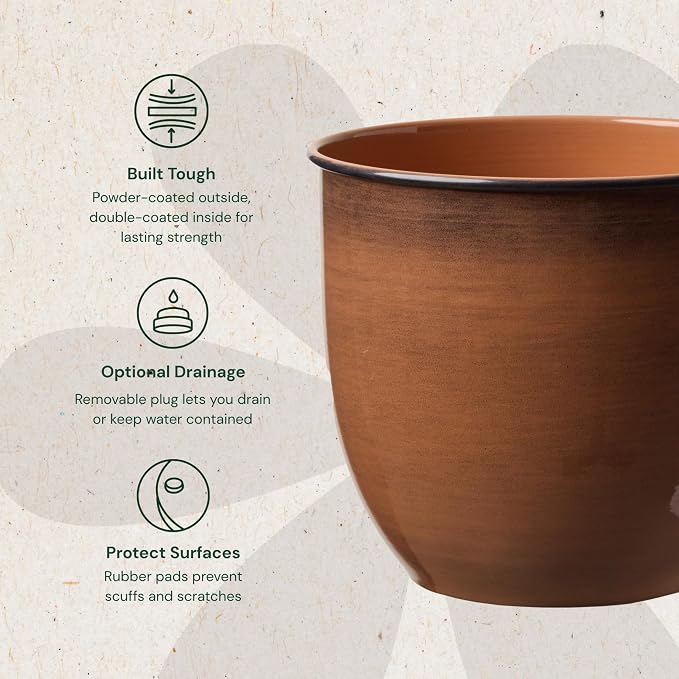 Bloem Canyon 10" Indoor Metal Cachepot - Glossy Decorative Planter with Powder-Coated Finish, Removable Drain Plug, Terra Cotta