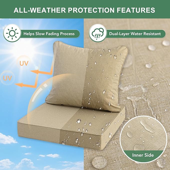 Summsun Outdoor Chair Cushions 22 x 22 Inch, Faux Linen Patio Furniture Cushions, Water Resistant Backrest and Deep Seat Cushion Set with Straps, Removable Cover, Non-Slip Bottom, Nature